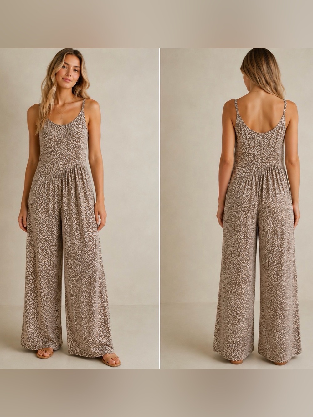 Active USA Taupe Animal Print Wide-Leg Jumpsuit - Size Large
